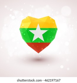 Flag of Myanmar in shape of diamond glass heart in triangulation style for info graphics, greeting card, celebration of Independence Day, printed materials 
