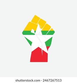 Flag of Myanmar in the shape of raised hand sign isolated on background. Fist symbol modern, simple, vector, icon for website design, mobile app, ui. Vector Illustration