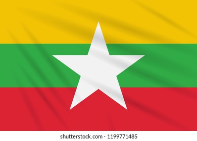 Flag Myanmar swaying in the wind, realistic vector.
