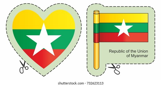 Flag of Myanmar. Vector cut sign here, isolated on white. Can be used for design, stickers, souvenirs.