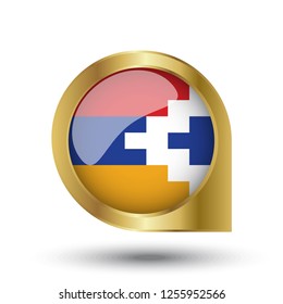 Flag of Nagorno Karabakh, location map pin, pointer flag, button with the reflection of light and shadow, gold frame, Icon country. Realistic vector illustration on white background.