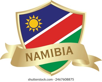 Flag of namibia as around the metal gold shield with namibia flag