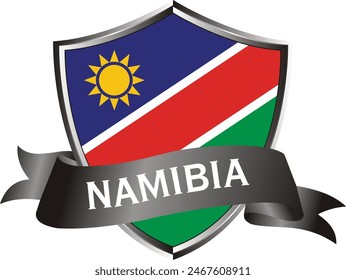 Flag of namibia as around the metal silver shield with namibia flag