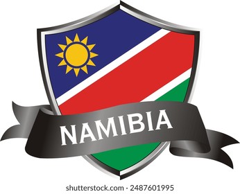 Flag of namibia as around the metal silver shield with namibia flag