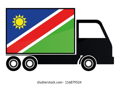 The flag of Namibia painted on the side of the silhouette of a truck