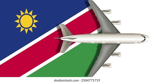 Flag of Namibia with a plane flying over it close up. Vector image.