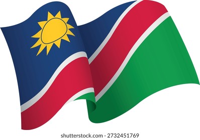 Bandeira da Namíbia. Bandeira estilo fita que transmite uma sensação de movimento e efeito de ondulação. As curvas elegantes e sombreamento realista criam uma sensação de movimento. Ideal para projetos internacionais, materiais de viagem e apresentações culturais.