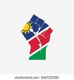 Flag of Namibia in the shape of raised hand sign isolated on background. Fist symbol modern, simple, vector, icon for website design, mobile app, ui. Vector Illustration