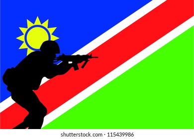 The flag of Namibia and the silhouette of a soldier aiming their weapon