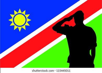 The flag of Namibia and the silhouette of a soldier saluting