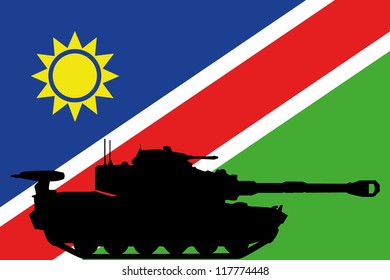 The flag of Namibia with the silhouette of a tank