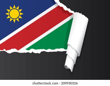 Flag of Namibia under ripped paper vector illustration.
