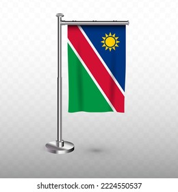 Flag of Namibia. Vector illustration of a vertical hanging flag with flagpole on a transparent background (PNG).