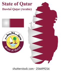 Flag and national coat of arms of the Arabian State of Qatar overlaid on detailed outline map isolated on white background 