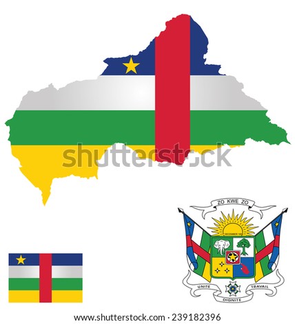 Flag and national coat of arms of the Central African Republic overlaid on detailed outline map isolated on white background French translation Unity Dignity Work 