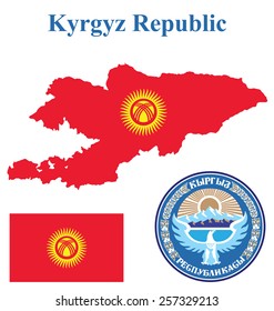 Flag and national coat of arms of the Kyrgyz Republic overlaid on detailed outline map isolated on white background 