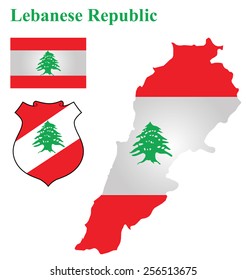 Flag and national coat of arms of the Lebanese Republic overlaid on detailed outline map isolated on white background 