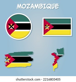 Flag and national coat of arms of the Republic of Mozambique overlaid on detailed outline map isolated.
