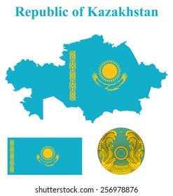 Flag and national coat of arms of the Republic of Kazakhstan overlaid on detailed outline map isolated on white background 