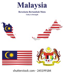 Flag and national emblem Malaysia which forms part of Borneo overlaid on detailed outline map isolated on white background 