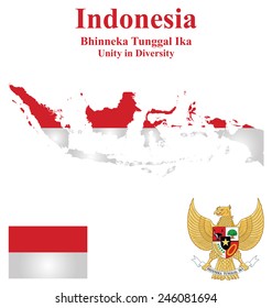 Flag and national emblem of the Republic of Indonesia which forms part of Borneo overlaid on detailed outline map isolated on white background 