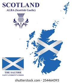 Flag and national emblem of Scotland overlaid on detailed outline map isolated on white background 