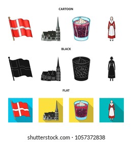 Flag, national, symbol, and other web icon in cartoon,black,flat style.Denmark,history, tourism, icons in set collection.