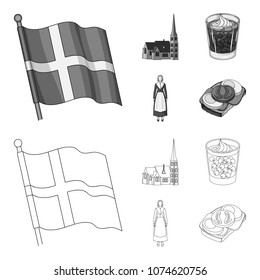 Flag, national, symbol, and other web icon in outline,monochrome style.Denmark,history, tourism, icons in set collection.