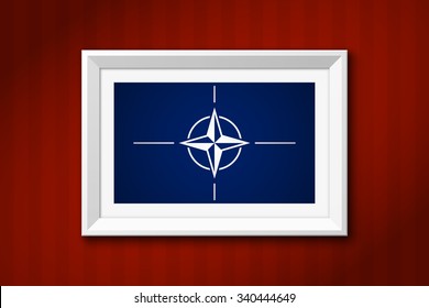 Flag NATO picture frame, Abstract flat design concept with star. North Atlantic alliance illustration yellow background. A military bloc of Western Europe and USA. Vector collection. 