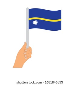 Bandera de Nauru . Mano sosteniendo un Nauru 
 , icono vectorial.