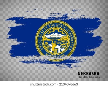 Bandera del estado de Nebraska a partir de golpes de pincel. Estados Unidos de América.  Estado de bandera de Nebraska con título sobre fondo transparente para el diseño de tu sitio web, aplicación, interfaz de usuario. EE.UU. Ilustración vectorial. EPS10.