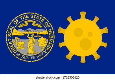 Flag of Nebraska State With Outbreak Viruses Background of USA State flag. Novel Coronavirus Disease COVID-19. Coronavirus Infection And The Epidemic In America. USA Lockdown.