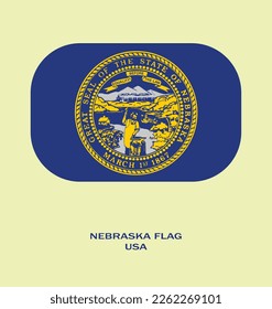 Flag of Nebraska, Flag of USA state Nebraska Vector Illustration, Nebraska flag in rounded corner, Button style Nebraska flag, USA.