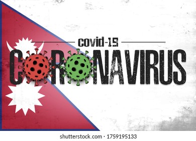 Flag of Nepal with coronavirus covid-19. Virus cells coronavirus bacteriums against background of the flag of Nepal. Coronavirus outbreak in Nepal. Mode quarantine. Vector illustration
