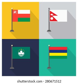 Flag of Nepal - Flag of Mauritius - Flag of Oman - Flag of macau - The flat design of the 4 country flag on the flagpole . Modern World Flag design, Vector illustration template design