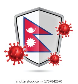 Flag of Nepal on Metal Shiny Shield Icon and Red Corona Virus Cells. Concept of Health Care and Safety Badge. Security Safeguard Metal Label with Nepalese flag