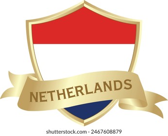 Flag of netherlands as around the metal gold shield with netherlands flag