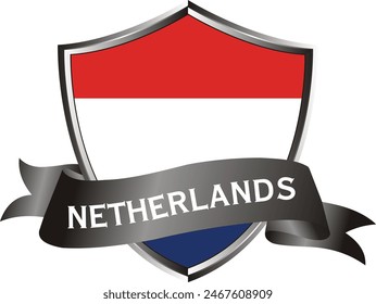 Flag of netherlands as around the metal silver shield with netherlands flag