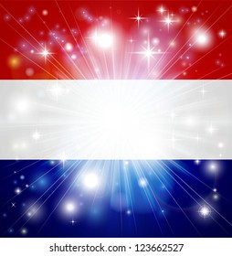 Flag of the Netherlands background with pyrotechnic or light burst and copy space in the centre