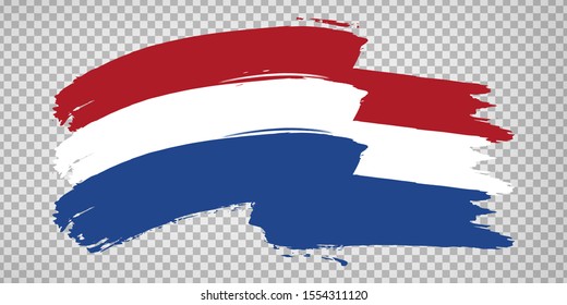 Flag of Netherlands, brush stroke background.  Waving Flag Kingdom of the Netherlands on tranparent backrgound for your web site design, logo, app, UI.  EPS10.