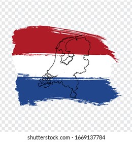 Flag of Netherlands from brush strokes and Blank map of Netherlands. High quality map Netherlands and national flag on transparent background for your web site design. Europe. EPS10. 