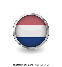 Flag of netherlands, button with metal frame and shadow. netherlands flag vector icon, badge with glossy effect and metallic border. Realistic vector illustration on white background.