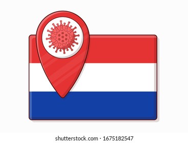 Flag of the Netherlands with a coronavirus sign. Covid-19 virus outbreak in Europe. Vector illustration, global problem of the spread of the virus.