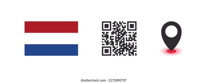 Flag of the Netherlands. Flag of the country, QR code with location pointer. Vector images