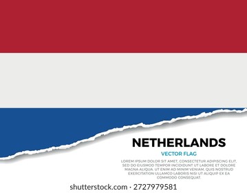 Bandera de los Países Bajos. Creativo efecto de borde de papel rasgado sobre fondo transparente con irregularidades irregulares. Una apariencia tridimensional con sombras realistas, como si hubiera sido rasgada para revelar una superficie blanca debajo