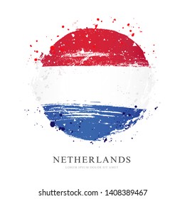 Flag of the Netherlands in the form of a large circle. Vector illustration on white background. Brush strokes drawn by hand. Independence Day.