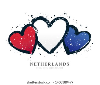 Flag of the Netherlands in the form of three hearts. Vector illustration on white background. Brush strokes drawn by hand.