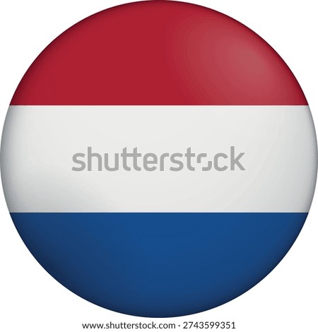 Flag of Netherlands. Glossy circular flag. Button appearance. 3D Icon Design with depth. Professional, tactile look. Perfect for representing national identity in digital interfaces and perfect for websites