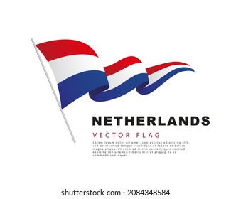 The flag of the Netherlands hangs from a flagpole and flutters in the wind. Vector illustration isolated on white background. Dutch flag colorful logo.