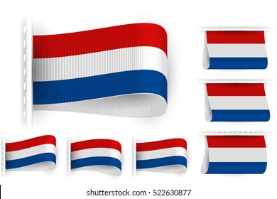 Flag Of Netherlands Holland Is Embroidered On The Textile Tag And Sewn With A Thread Stitch; Set Of Vector Realistic Icons Of Flag Of Kingdom Of The Netherlands From A Fabric Loop